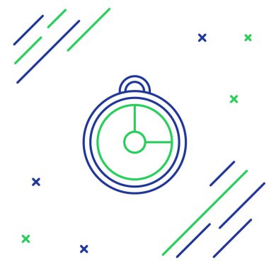 Mavi ve yeşil çizgili mutfak zamanlayıcı simgesi beyaz arkaplanda izole edildi. Mutfak aletleri. Renkli taslak konsepti. Vektör İllüstrasyonu