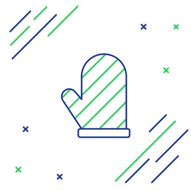 Mavi ve yeşil çizgili fırın ikonu beyaz arkaplanda izole edilmiş. Mutfak tutacağı işareti. Yemek eldiveni. Renkli taslak konsepti. Vektör İllüstrasyonu