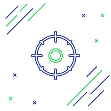 Mavi ve yeşil çizgi, beyaz arka planda izole edilmiş yarışma ikonu çekmek için hedef sporu. Atış mesafesi ya da atış mesafesi için sayıları olan temiz bir hedef. Renkli taslak konsepti. Vektör İllüstrasyonu