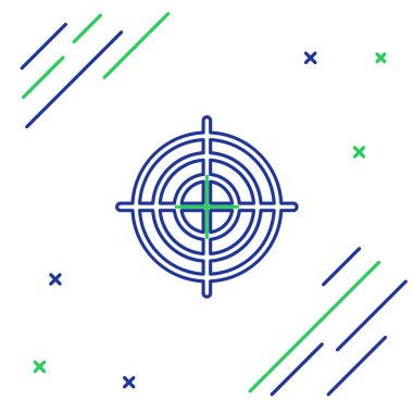 Mavi ve yeşil çizgi, beyaz arka planda izole edilmiş yarışma ikonu çekmek için hedef sporu. Atış mesafesi ya da atış mesafesi için sayıları olan temiz bir hedef. Renkli taslak konsepti. Vektör İllüstrasyonu