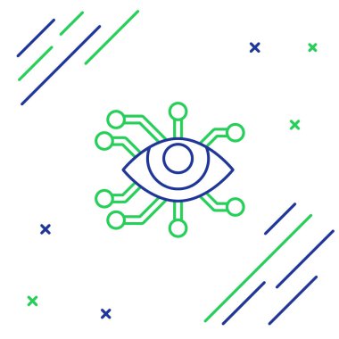 Beyaz arkaplanda mavi ve yeşil çizgi göz tarama simgesi izole edildi. Göz taraması yapılıyor. Güvenlik kontrol sembolü. Siber göz işareti. Renkli taslak konsepti. Vektör İllüstrasyonu