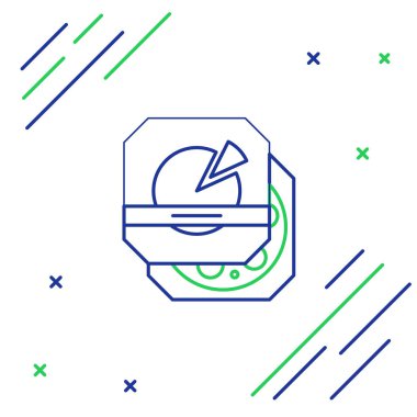 Beyaz arka planda izole edilmiş karton kutu ikonundaki mavi ve yeşil çizgi pizza. Düzen elemanlarıyla birlikte kutu. Renkli taslak konsepti. Vektör İllüstrasyonu