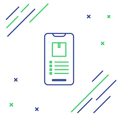 Mavi ve yeşil hat. Mobil akıllı telefon. Uygulama dağıtım ikonu beyaz arkaplanda izole edilmiş. Paket takibi. Renkli taslak konsepti. Vektör İllüstrasyonu