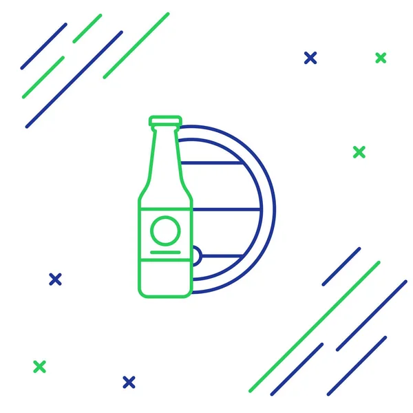 Modrá Zelená Čára Pivní Láhev Dřevěný Sud Ikona Izolované Bílém — Stockový vektor