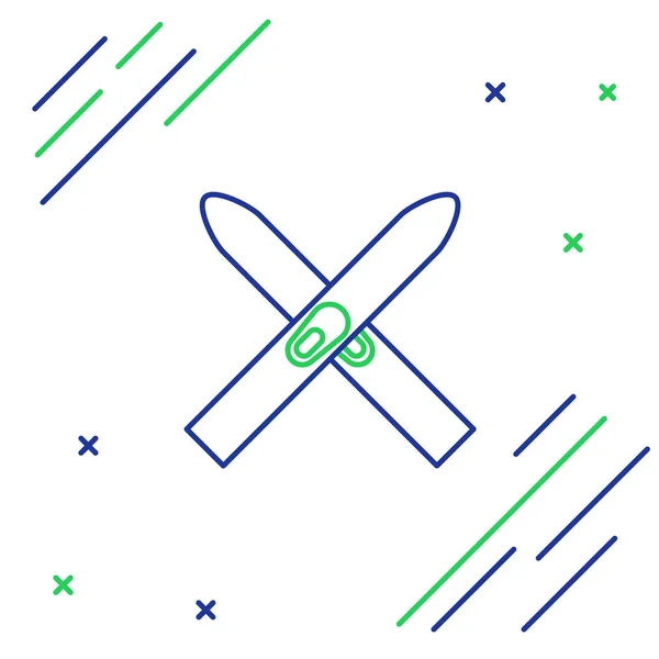 蓝色和绿色线条的Ski和木棍图标孤立在白色背景 极限运动 滑雪板设备 冬季运动图标 五彩缤纷的概念 病媒图解 — 图库矢量图片