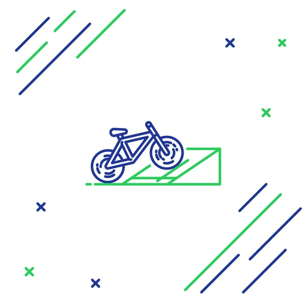 Blue and green line Bicycle on street ramp icon isolated on white background. Skate park. Extreme sport. Sport equipment. Colorful outline concept. Vector Illustration