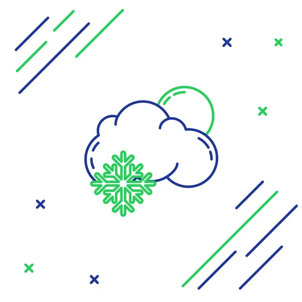 白い背景に雪と太陽のアイコンが隔離された青と緑の線の雲 雪の結晶で雲 シングルウェザーアイコン 雪のサインだカラフルなアウトラインコンセプト ベクターイラスト — ストックベクタ