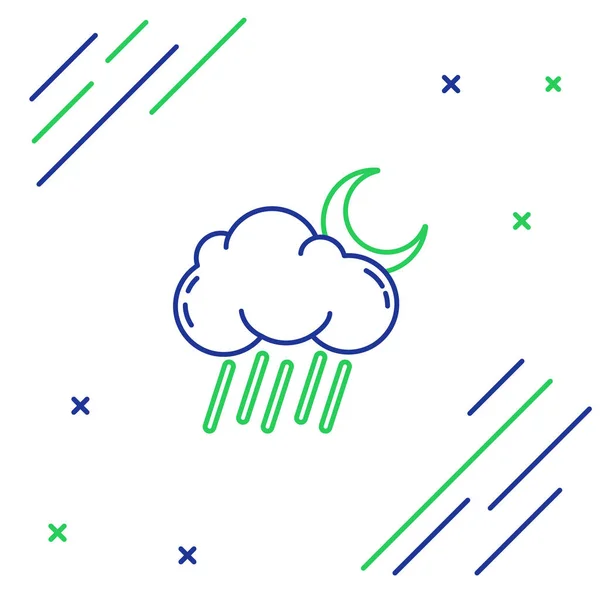 青と緑の線白い背景に雨と月のアイコンが隔離された雲 雨滴と雨の雲の降水量 カラフルなアウトラインコンセプト ベクターイラスト — ストックベクタ