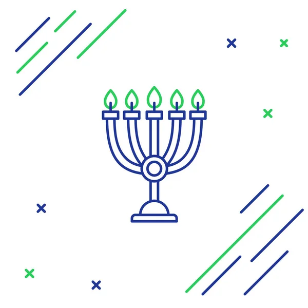 Línea Azul Verde Icono Hanukkah Menorah Aislado Sobre Fondo Blanco — Vector de stock