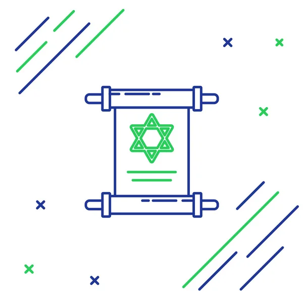 蓝色和绿色线条的托拉滚动图标孤立在白色背景 扩大形式的犹太托拉 大卫之星的象征 旧羊皮纸卷轴 五彩缤纷的概念 病媒图解 — 图库矢量图片
