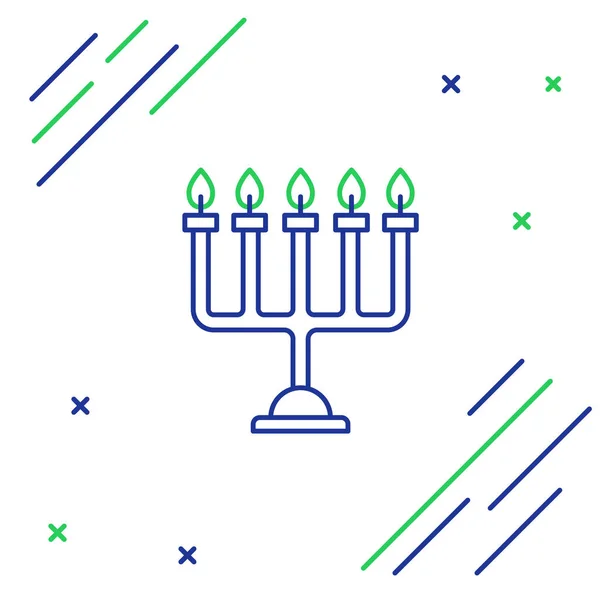 Blå Och Grön Linje Hanukkah Menorah Ikon Isolerad Vit Bakgrund — Stock vektor