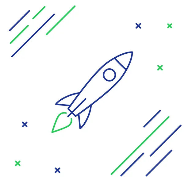 蓝色和绿色线条火箭船与消防图标隔离在白色背景 太空旅行 五彩缤纷的概念 病媒图解 — 图库矢量图片