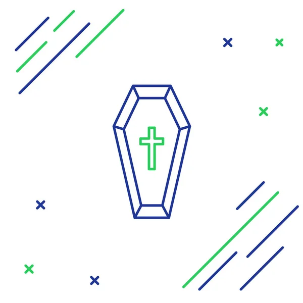 Blauer Und Grüner Liniensarg Mit Christlichem Kreuz Auf Weißem Hintergrund — Stockvektor