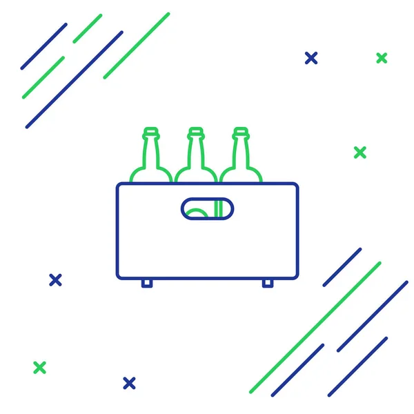 Ligne Bleue Verte Bouteilles Vin Dans Une Boîte Bois Icône — Image vectorielle