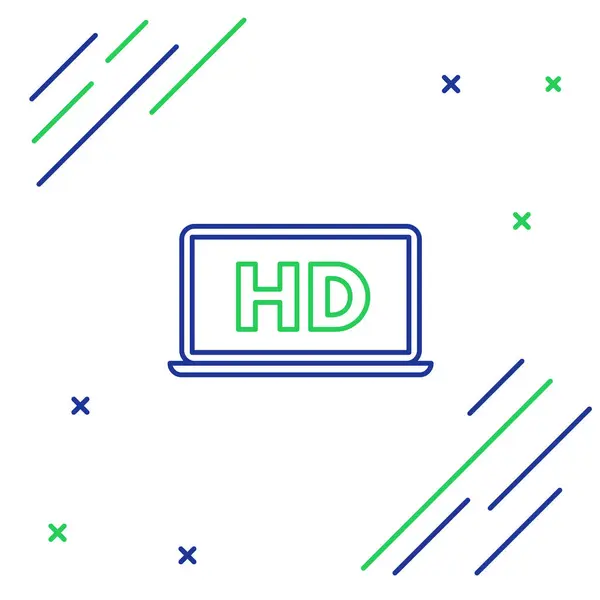 白い背景に隔離されたHdビデオ技術アイコンと青と緑のラップトップ画面 カラフルなアウトラインコンセプト ベクターイラスト — ストックベクタ