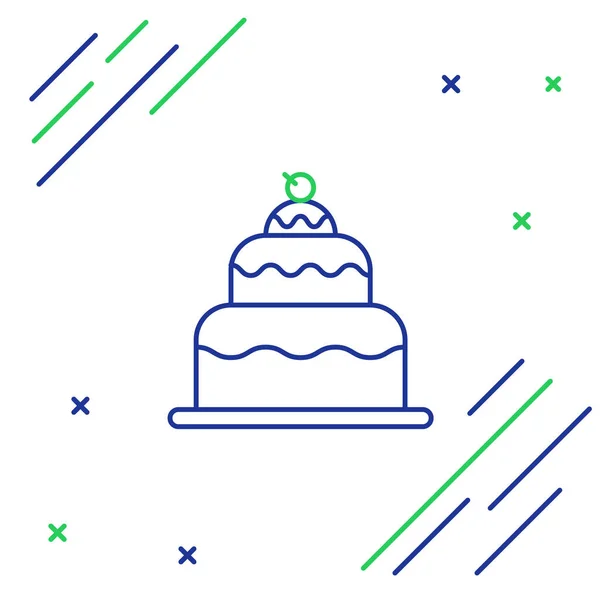 青と緑のライン白の背景に隔離されたケーキアイコン 誕生日おめでとうカラフルなアウトラインコンセプト ベクターイラスト — ストックベクタ