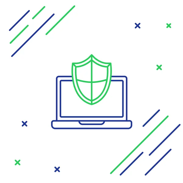 Azul Verde Línea Laptop Protegido Con Icono Escudo Aislado Sobre — Vector de stock