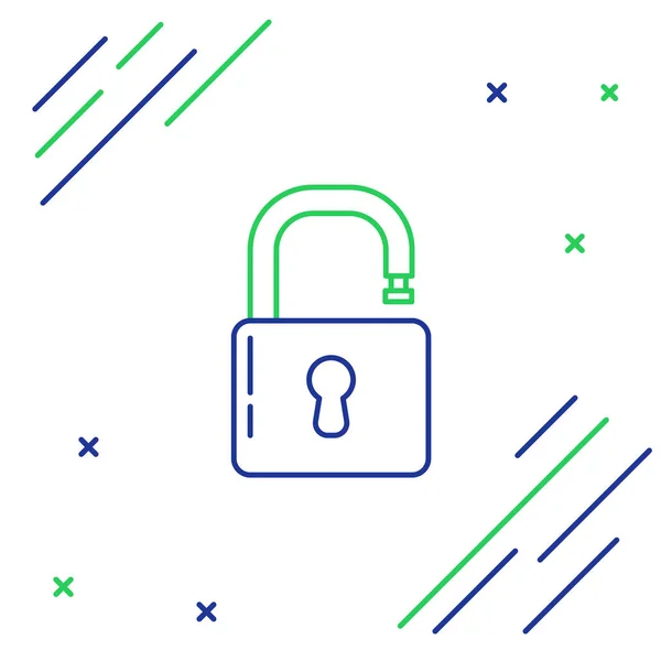青と緑の線白の背景に孤立した南京錠のアイコンを開きます 鍵が開いてるサイバーセキュリティの概念 デジタルデータ保護 安全性 カラフルなアウトラインコンセプト ベクターイラスト — ストックベクタ