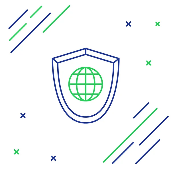 青と緑の線白の背景に隔離された世界のアイコンとシールド セキュリティ 安全性 プライバシーの概念 カラフルなアウトラインコンセプト ベクターイラスト — ストックベクタ