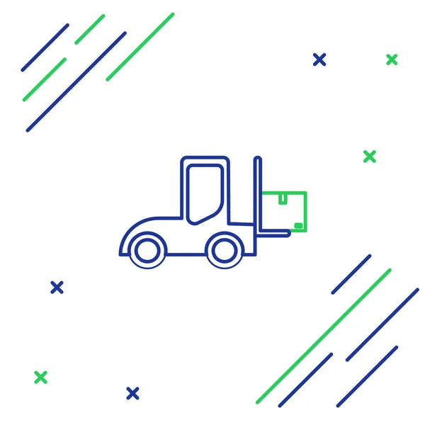 青と緑のラインフォークリフトトラックのアイコンは白い背景に隔離されています フォークローダーと段ボール箱 貨物輸送輸送輸送輸送カラフルなアウトラインコンセプト ベクターイラスト — ストックベクタ