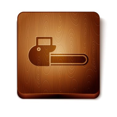 Kahverengi testere simgesi beyaz arkaplanda izole edilmiş. Tahta kare düğme. Vektör İllüstrasyonu