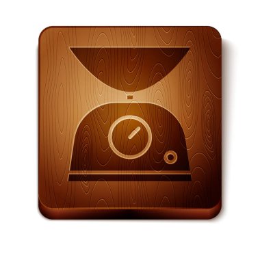 Kahverengi Ölçek simgesi beyaz arkaplanda izole edildi. Ağırlık ölçüm aletleri. Tahta kare düğme. Vektör İllüstrasyonu