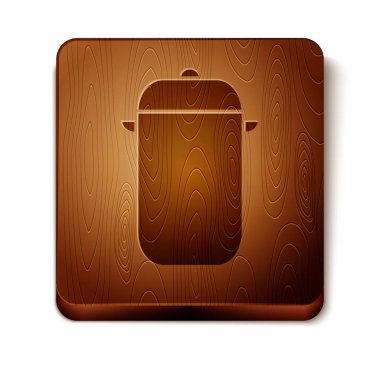 Kahverengi tencere ikonu beyaz arka planda izole edilmiş. Haşlama ya da güveç besin sembolü. Tahta kare düğme. Vektör İllüstrasyonu