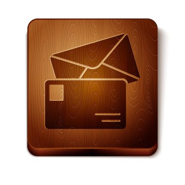 Beyaz arka planda izole kahverengi zarf simgesi. E-posta iletisi harfi sembolü. Ahşap kare düğme. Vektör Illustration