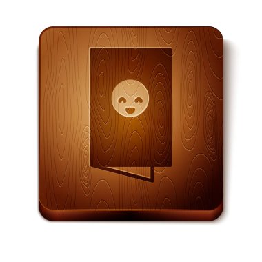 Kahverengi bebek partisi davetiyeleri, poster, selamlama, şablon, beyaz arkaplanda izole edilmiş leylek simgesi. Doğum günün kutlu olsun. Tahta kare düğme. Vektör İllüstrasyonu