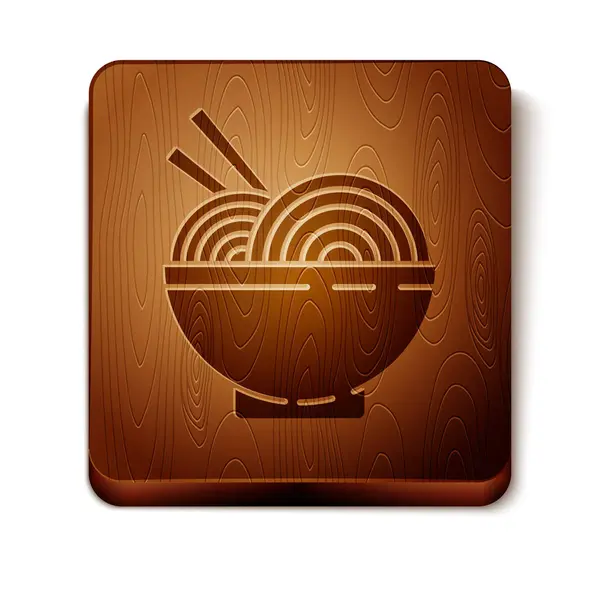 褐色亚洲面 碗和筷子图标孤立在白色背景 街上的快餐 韩国菜 日本菜 中国菜 木制正方形按钮 病媒图解 — 图库矢量图片