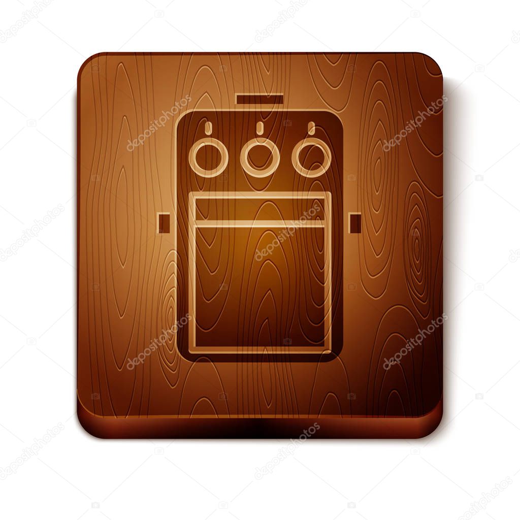 Brown Guitar pedal icon isolated on white background. Musical equipment. Wooden square button. Vector Illustration