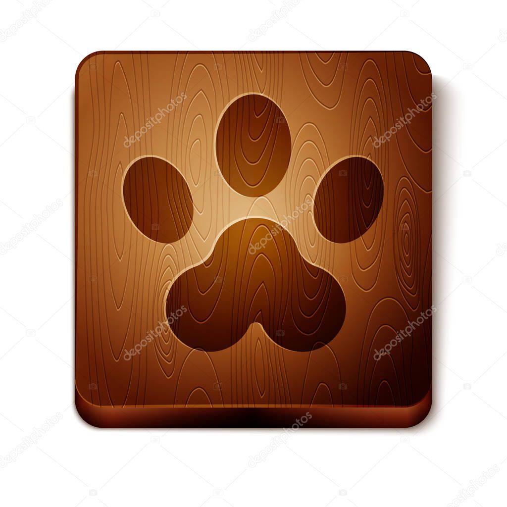 Brown Paw print icon isolated on white background. Dog or cat paw print. Animal track. Wooden square button. Vector Illustration