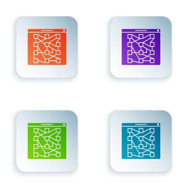 Renk Küresel teknolojisi veya sosyal ağ simgesi beyaz arkaplanda izole edildi. Kare düğmelere simgeleri yerleştir. Vektör İllüstrasyonu