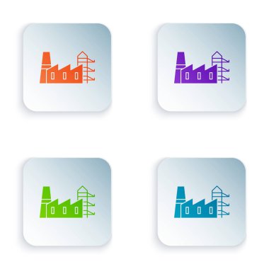 Renk Santrali ve fabrika simgesi beyaz arka planda izole edildi. Enerji endüstrisi konsepti. Kare düğmelere simgeleri yerleştir. Vektör İllüstrasyonu