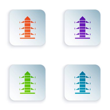 Beyaz arkaplanda izole edilmiş bir elektrik hattı simgesini desteklemek için kullanılan renk elektrik kulesi. Yüksek voltajlı elektrik direği hattı. Kare düğmelere simgeleri yerleştir. Vektör İllüstrasyonu