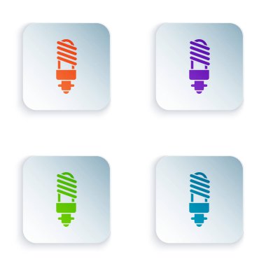 Beyaz arkaplanda izole edilmiş renkli Led ampul simgesi. Ekonomik Liderlik Ampulü. Enerji lambasını sakla. Kare düğmelere simgeleri yerleştir. Vektör İllüstrasyonu