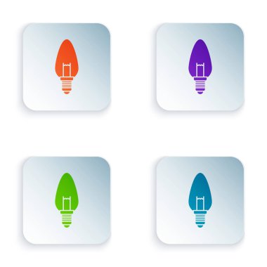 Fikir simgesi kavramına sahip renkli ampul beyaz arkaplanda izole edildi. Enerji ve fikir sembolü. İlham konsepti. Kare düğmelere simgeleri yerleştir. Vektör İllüstrasyonu