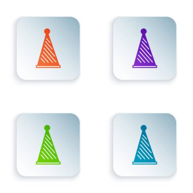 Renk Partisi şapka simgesi beyaz arkaplanda izole edildi. Doğum günü şapkası. Kare düğmelere simgeleri yerleştir. Vektör İllüstrasyonu