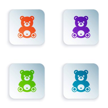 Renkli oyuncak peluş oyuncak simgesi beyaz arkaplanda izole edildi. Kare düğmelere simgeleri yerleştir. Vektör İllüstrasyonu