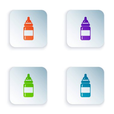 Beyaz arka planda izole edilmiş renkli bebek şişe simgesi. Beslenme şişesi simgesi. Süt şişesi tabelası. Kare düğmelere simgeleri yerleştir. Vektör İllüstrasyonu