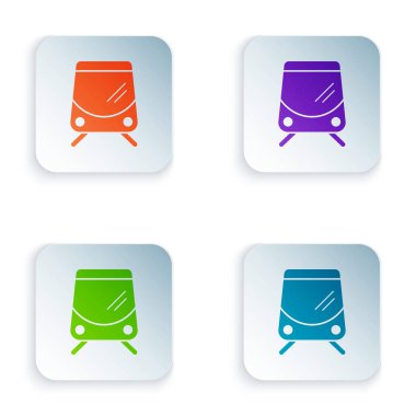 Renkli Tramvay ve demiryolu ikonu beyaz arka planda izole edildi. Toplu taşıma sembolü. Kare düğmelere simgeleri yerleştir. Vektör İllüstrasyonu