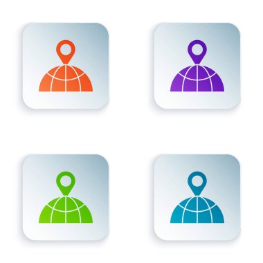 Beyaz arkaplanda izole edilmiş dünya simgesindeki renk konumu. Dünya ya da Dünya işareti. Kare düğmelere simgeleri yerleştir. Vektör İllüstrasyonu