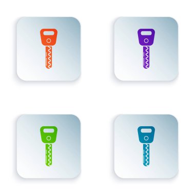 Beyaz arkaplanda izole edilmiş renkli araba anahtar simgesi. Kare düğmelere simgeleri yerleştir. Vektör İllüstrasyonu