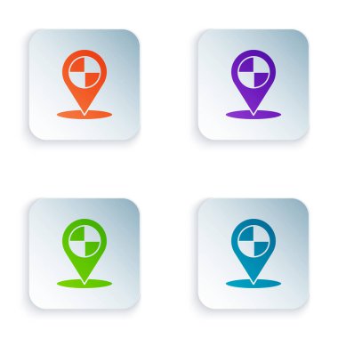 Beyaz arkaplanda izole edilmiş taksi simgesi olan renk haritası işaretçisi. Konum sembolü. Kare düğmelere simgeleri yerleştir. Vektör İllüstrasyonu