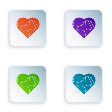 Beyaz arkaplanda izole edilmiş köpek ikonu olan renk kalbi. Yüreğindeki evcil hayvan pençesi. Hayvanlara sevgiler. Kare düğmelere simgeleri yerleştir. Vektör İllüstrasyonu