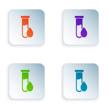 Beyaz arkaplanda izole edilmiş renkli petrol test tüpü ikonu. Kare düğmelere simgeleri yerleştir. Vektör İllüstrasyonu