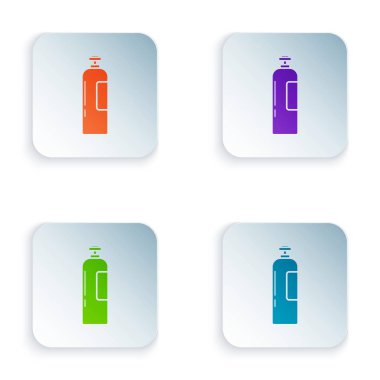 Beyaz arka planda izole edilmiş tüm durağan ve hareketsiz gaz ikonları için Renkli Endüstriyel gaz tankı. Kare düğmelere simgeleri yerleştir. Vektör İllüstrasyonu