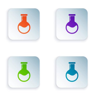 Renkli test tüpü ve matarası - beyaz arkaplanda izole edilmiş kimyasal laboratuvar ikonu. Laboratuvar cam levhası. Kare düğmelere simgeleri yerleştir. Vektör İllüstrasyonu