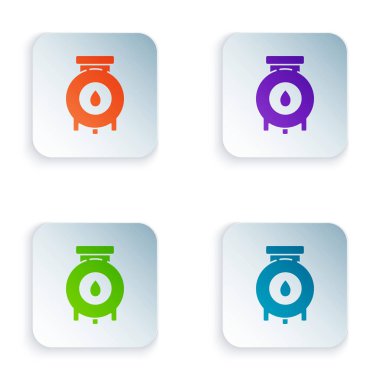 Renkli yağ ve gaz endüstriyel yapı ikonu beyaz arka planda izole edildi. Kare düğmelere simgeleri yerleştir. Vektör İllüstrasyonu