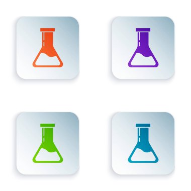 Renkli test tüpü ve matarası - beyaz arkaplanda izole edilmiş kimyasal laboratuvar ikonu. Laboratuvar cam levhası. Kare düğmelere simgeleri yerleştir. Vektör İllüstrasyonu